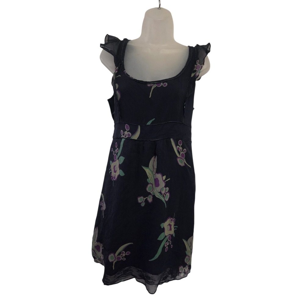Maeve Anthropologie Silk Floral Ruffle Sleeveless Dress Black Purple Green Sz 2